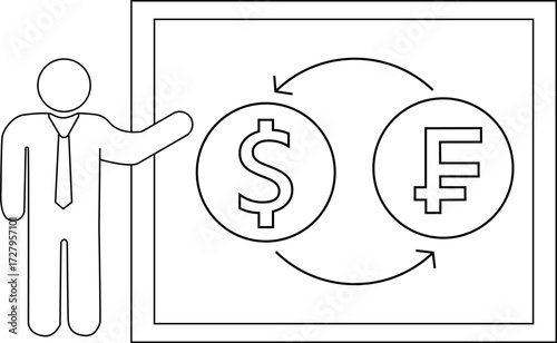 sketch icon of person presentation and convert dollar icon to swiss frank coin