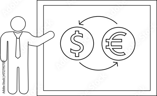 sketch icon of person presentation and convert dollar icon to euro dollar