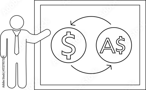 sketch of presentation person icon and convert dollar icon and Australian dollar icon