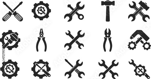 Black tools icons, wrench, hammer, screwdriver, pliers, repair, construction, mechanic, gear settings, service, maintenance, silhouette, engineering, workshop, equipment illustration