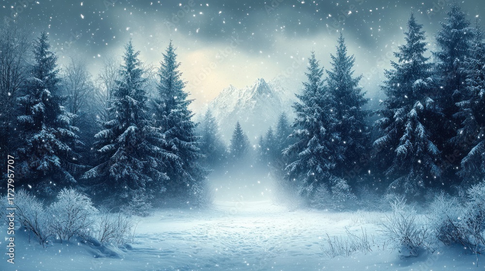 Fototapeta premium Snow-covered pine trees amidst a serene winter forest with falling snowflakes and distant misty mountains under a soft glowing sky