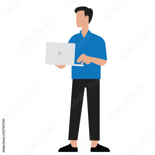 Flat Illustration of Man Working and Using Laptop Computer