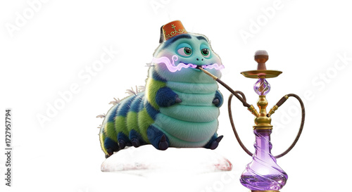 Cartoon caterpillar sits on a mushroom smoking with a hookah in a garden.