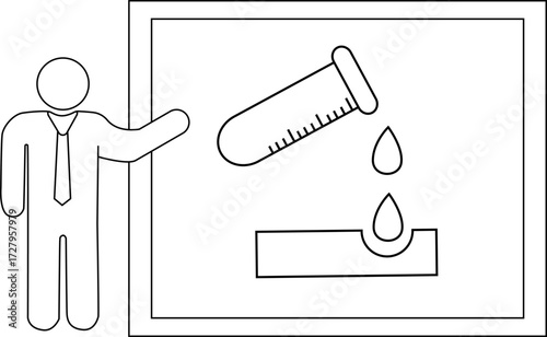 sketch of a person presenting and a chemical tube icon containing acid