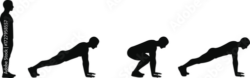 Burpee workout silhouette sequence, bodyweight exercise, fitness training routine, endurance conditioning, gym strength movement, athletic health pe