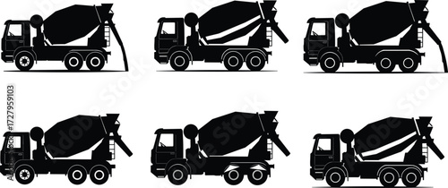 Cement mixer truck silhouette, construction vehicle illustration, concrete mixing machine, heavy duty transport, industrial equipment, building site truck vector design.