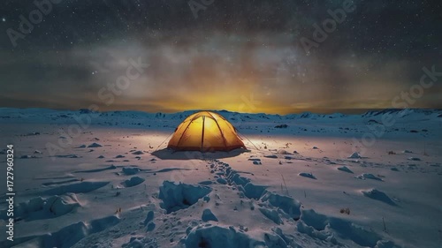 A bright yellow tent, lit from within, stands alone amidst a vast, snow-covered winter landscape. Footprints lead to the tent's entrance, highlighting its remoteness.