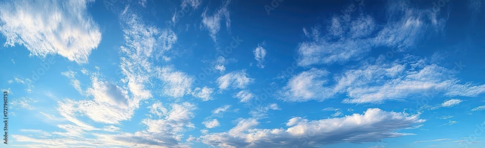 Obraz premium Wide panoramic view of a vibrant blue sky filled with scattered white clouds creating a peaceful and uplifting atmosphere