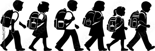 Group of children carrying school bags going to school silhouette, Children with schoolbag black silhouettes, Child carrying school bag silhouettes, Back to school kid carrying bay silhouette