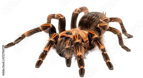 Tarantula spider with brown and orange markings on a white background.