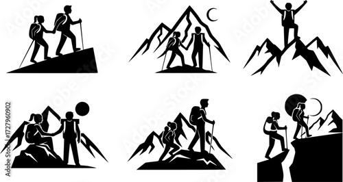 Couple hiker in mountain silhouettes, Couple hiking silhouette, Backpacker silhouettes, Hiker in mountain, Adventure silhouette, Hiking together silhouette
