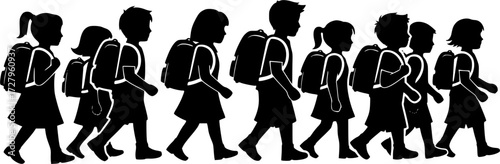 Group of children carrying school bags going to school silhouette, Children with schoolbag black silhouettes, Child carrying school bag silhouettes, Back to school kid carrying bay silhouette