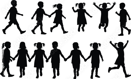 Children silhouettes walking, holding hands, jumping, playing together, black vector figures, happy kids, outdoor activity, childhood fun, lifestyle illustration, teamwork concept