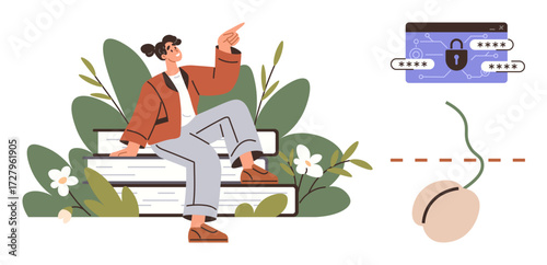 Woman sitting on stacked books surrounded by plants, gesturing towards a locked browser with password inputs and a sliced computer mouse. Ideal for education, technology, security, online safety