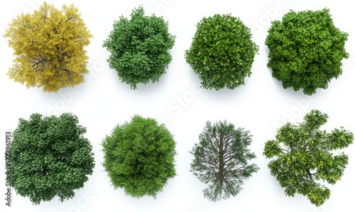 Wallpaper Mural overhead view of eight different leafy trees arranged in two rows on a white background showing a variety of green and yellow hues with dense and sparse foliage Torontodigital.ca