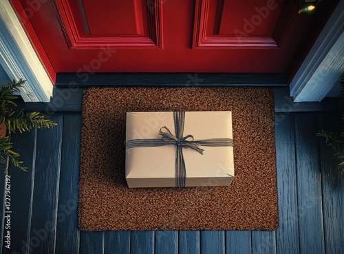 Wallpaper Mural neatly wrapped gift box with black ribbon placed on brown doormat outside bright red front door framed by green plants on blue wooden porch Torontodigital.ca