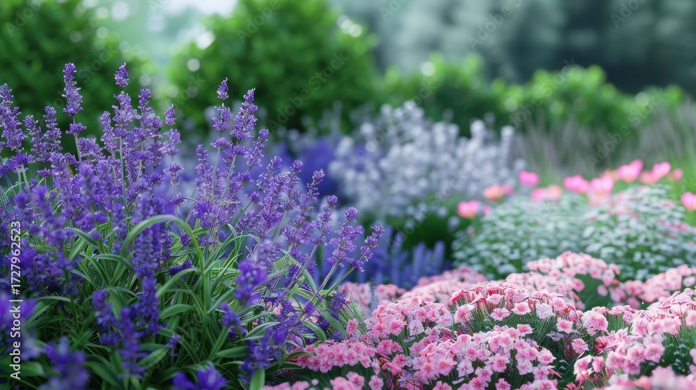 Obraz premium A vibrant tapestry of purple salvia and pink asters blooming in a lush, soft-focus garden.