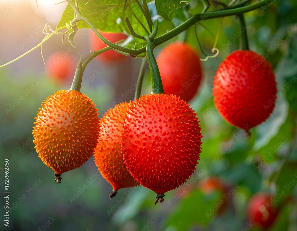 Obraz premium Vibrant red fruits hanging from vines