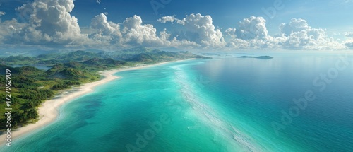 Aerial View of Tropical Paradise Beach, Vivid Colors and Clouds.