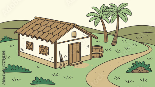 Cartoon tropical house illustration with palm trees barrel and path in a nature landscape vector art