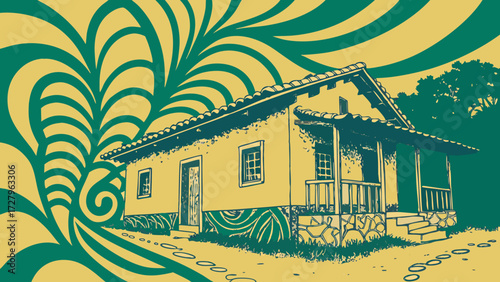 Vintage rural house illustration with nature background in green and yellow color palette design asset vector