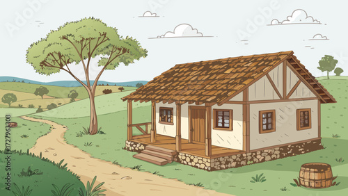 Cartoon landscape illustration of rural house cottage in countryside with tree and rolling hills view