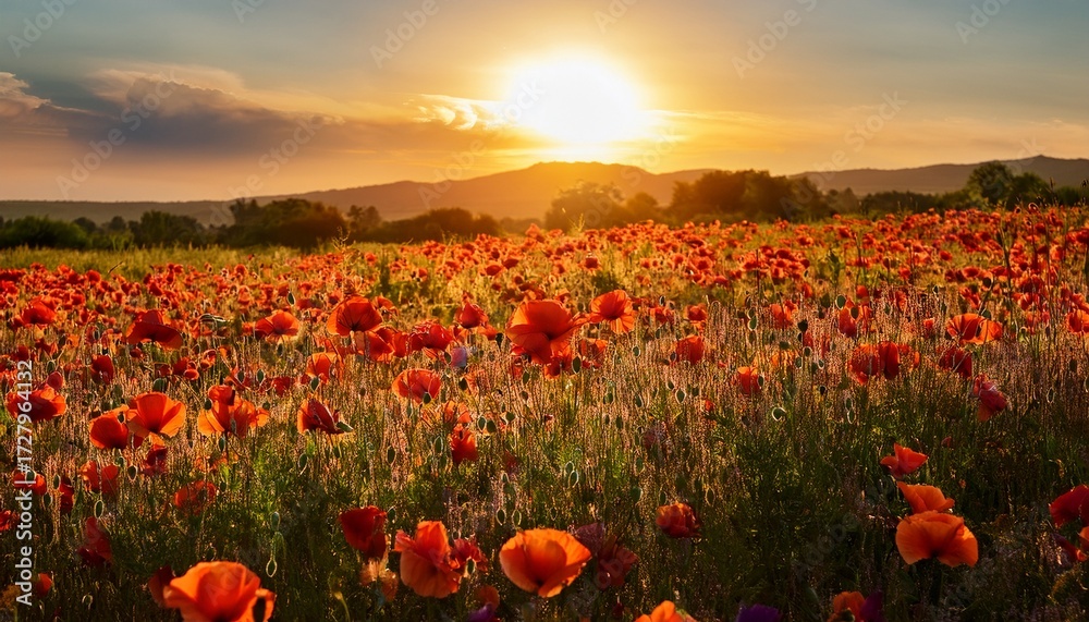 Fototapeta premium A Vibrant Field Of Poppies In Full Bloom With A Warm Inviting Glow A Scene Of Natural Beauty And Tranquility