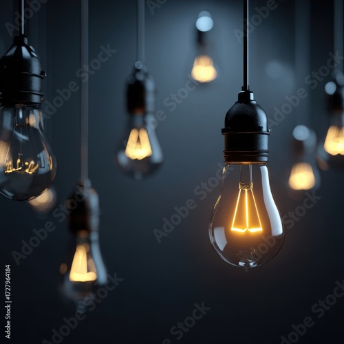 Glowing Filament - Vintage Edison Bulbs Suspended in Dark Room, Moody Lighting.