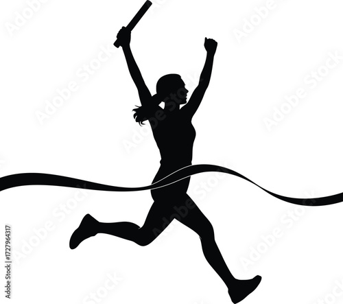Female Relay Runner Silhouette Crossing Finish Line with Baton