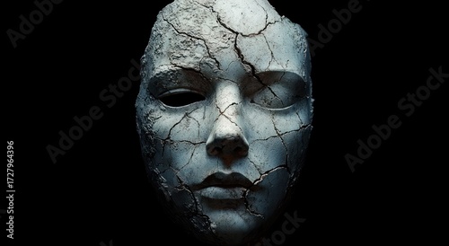 Cracked and weathered stone mask with hollow eyes isolated on black background conveying decay and mystery