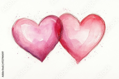 Two overlapping watercolor style pink hearts symbolizing love and connection on a white background