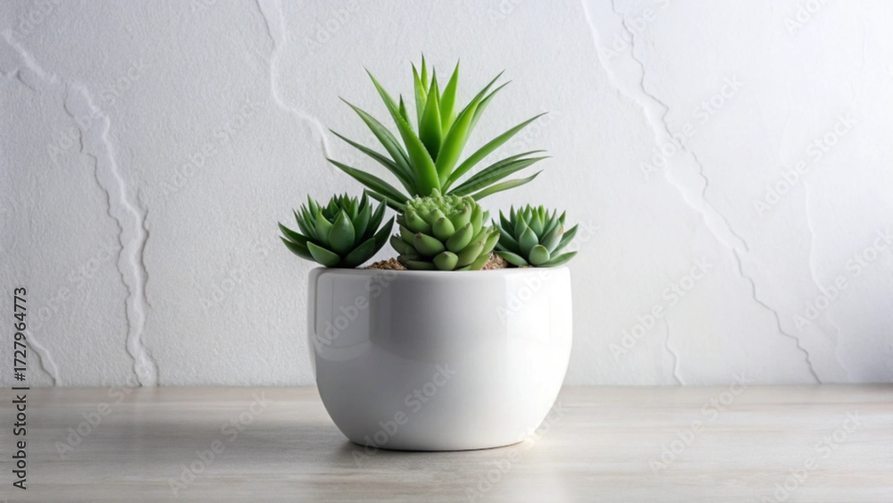 Fototapeta premium A small white pot displays several vibrant green succulent plants indoors
