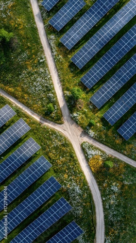 Crossroads of Clean Energy - An Aerial Perspective of a Solar Farm Divided by a Path.