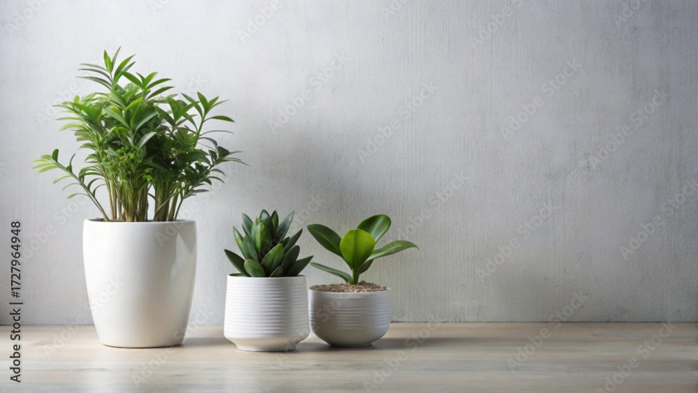Fototapeta premium Minimalist indoor plants in white pots on a light wooden surface