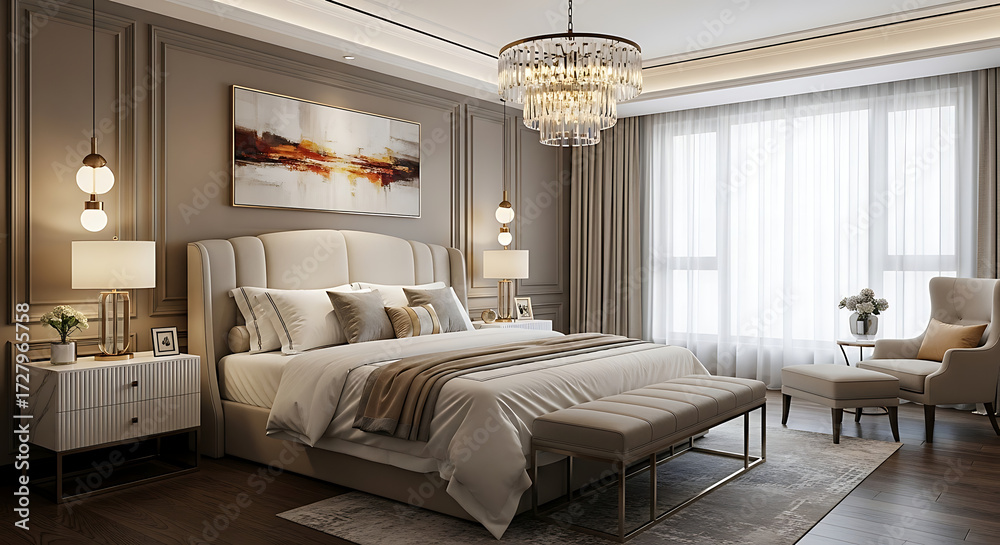 Obraz premium Modern Minimalist Bedroom Interior with Simple Bed, Clean White Walls, Wooden Floor, and Large Window with Natural Light for Cozy and Elegant Home Inspiration