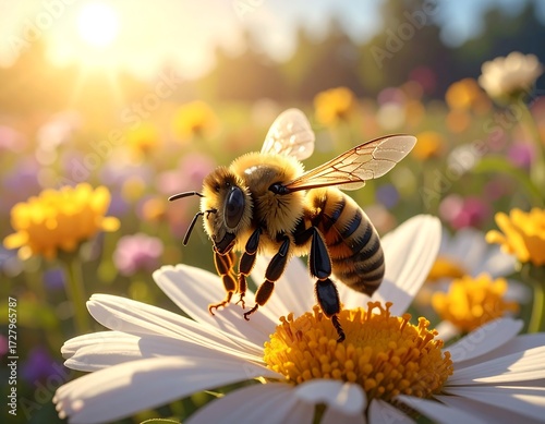 Fototapeta Naklejka Na Ścianę i Meble -  Honeybee in a sunlit meadow of wildflowers