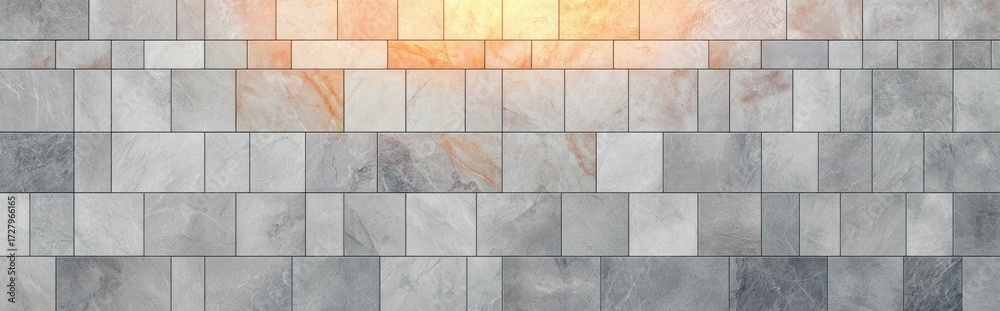 Naklejka premium close up of a tiled stone wall with varied shades of gray and a soft warm light shining from the top center creating a subtle glowing effect