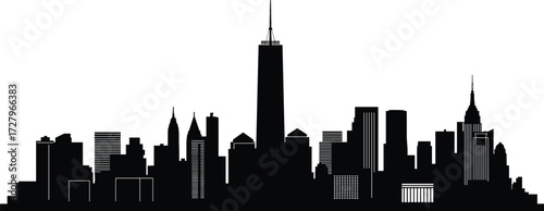 City skyline silhouette, urban skyscrapers, tall towers, modern buildings, metropolitan cityscape, downtown view, architectural design, real estate, skyline illustration, business district
