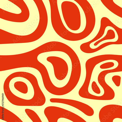 Abstract seamless pattern with flowing organic red shapes on a light yellow background, evoking a retro psychedelic aesthetic.