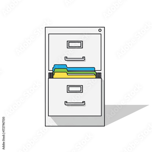 Illustration of a two-drawer filing cabinet with an open drawer revealing colorful file folders inside.
