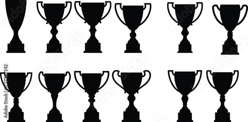 Collection of trophy silhouettes, sports award prize, competition recognition, championship cup, victory reward, achievement honor, excellence celebration, winner success, reward symbol