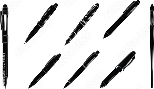 Collection of pens and brush, ballpoint pen, fountain pen, ink pen, office stationery, school writing tools, artistic drawing instrument set