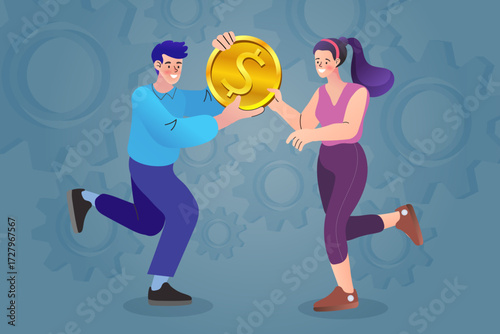A successful business partnership shown with a man and woman holding a gold coin. Gears in the background symbolize teamwork and the process that leads to profit, representing mutual financial success
