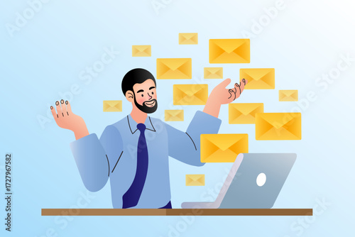 A successful businessman efficiently manages a large number of emails on his laptop. This positive illustration is great for concepts of productivity, communication, and inbox organization.