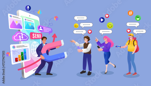 A business man attracts an online community through a mobile app. This illustration shows people interacting with content, sending messages and likes, representing a successful social media network.