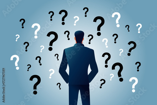 Represent the universal challenge of uncertainty with this anonymous businessman facing a cloud of questions. A perfect visual for articles about risk analysis, career choices, finding solutions.