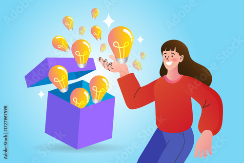 The joyful moment of a brilliant idea is captured in this illustration, showing a woman's satisfaction as she finds the perfect solution from a box full of creative inspiration. 