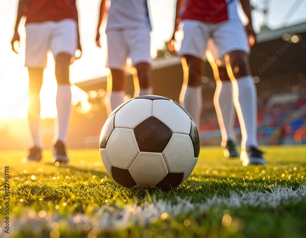 Fototapeta premium Golden hour soccer players poised on the field