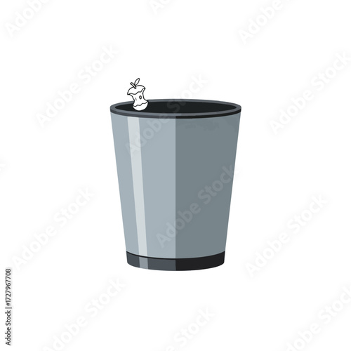 Illustration of a gray trash can with an apple core inside, isolated on white.