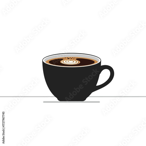 Black coffee cup with latte art on a table.